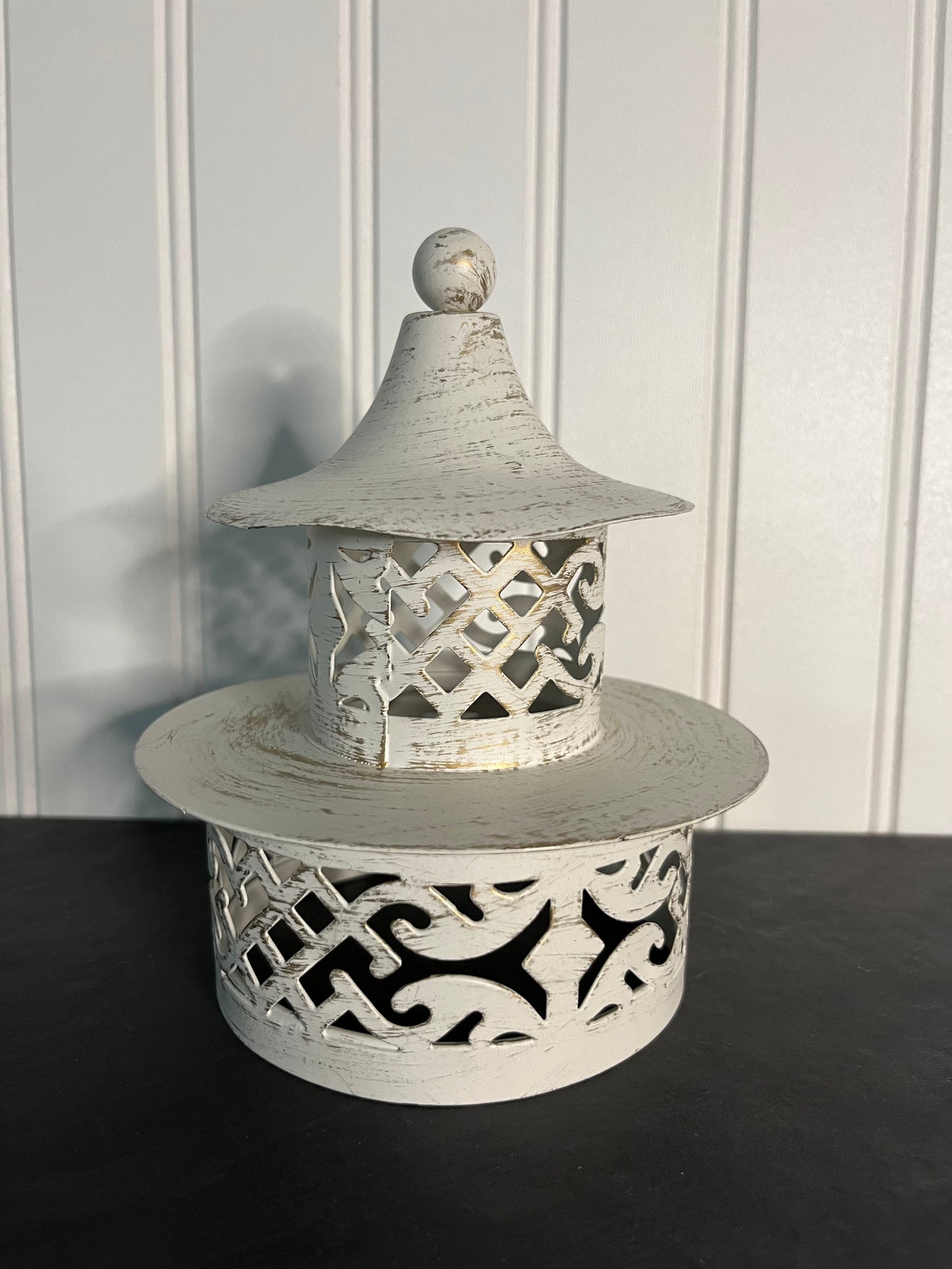 Vintage White-Washed Metal Asian Display  Pagoda  - Timeless Oriental Elegance