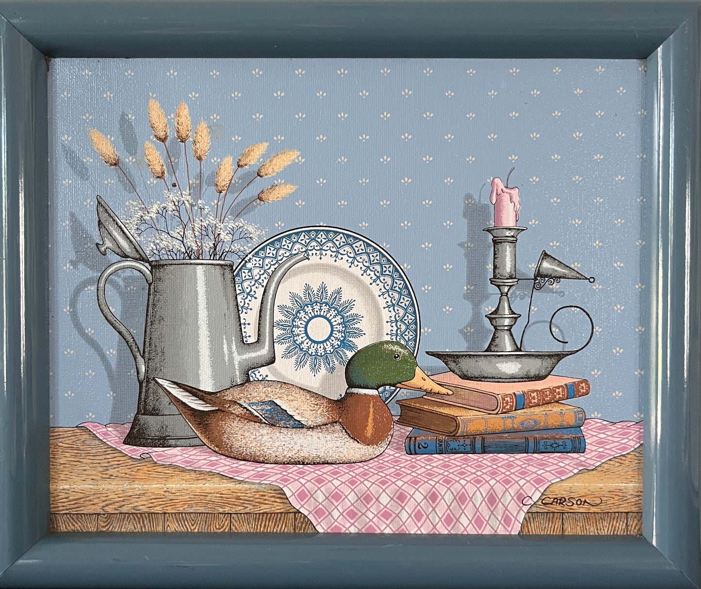 Vintage Country Serigraph On Canvas  Artwork Blue Frame with Provincial Domestic Still Life Artwork - Charles Carson's Carsonism - 12" x 10"