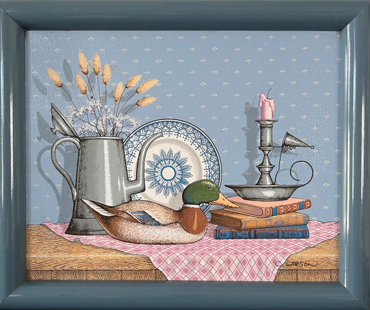 Vintage Country Serigraph On Canvas  Artwork Blue Frame with Provincial Domestic Still Life Artwork - Charles Carson's Carsonism - 12" x 10"