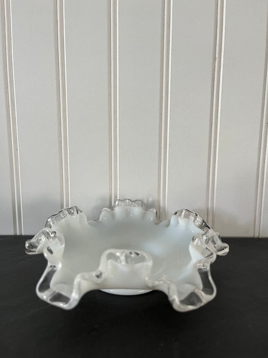Vintage 1950s Fenton Milk Glass Double Crimp Silver Crest Ruffled Small Bowl