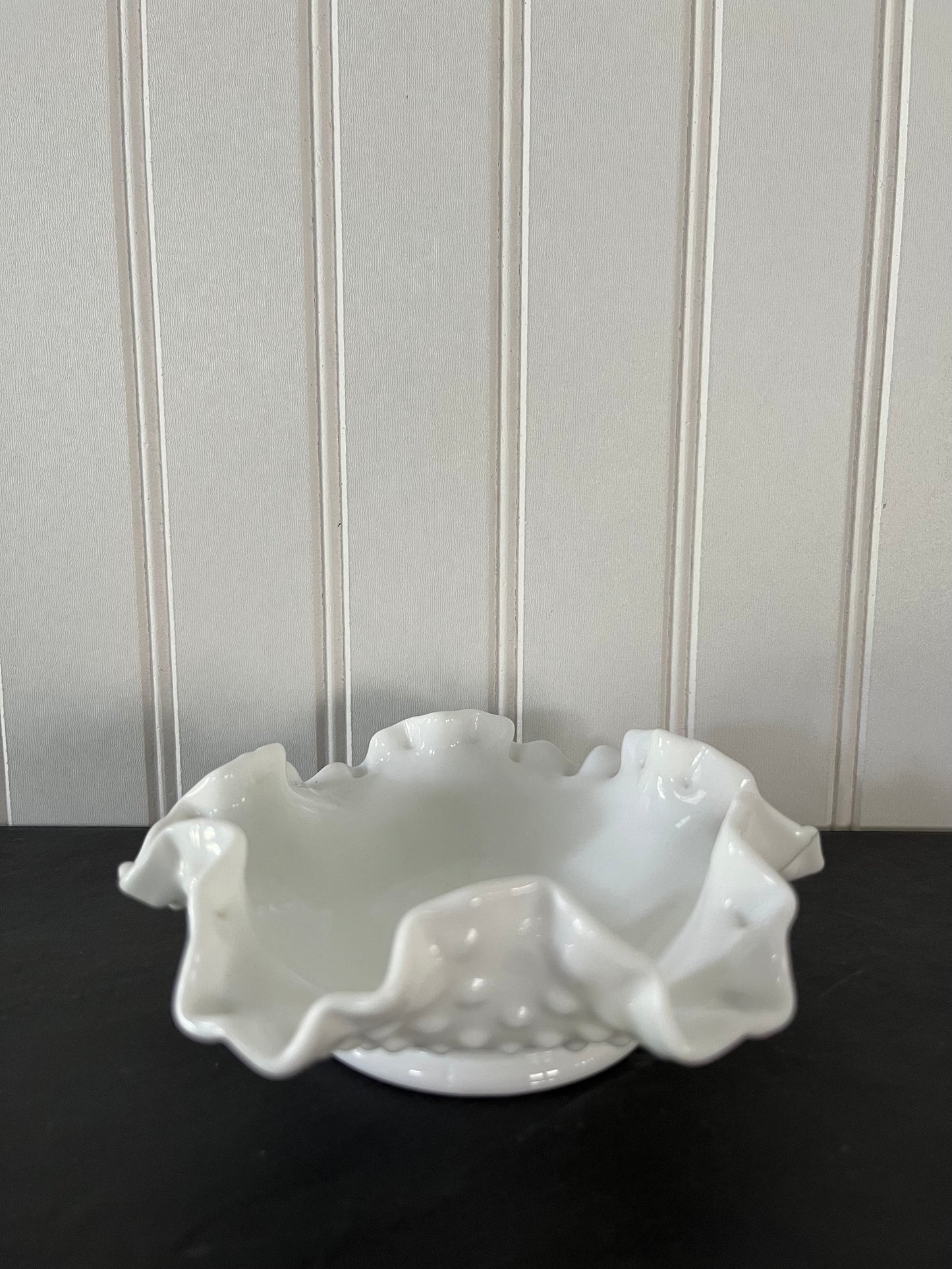 VIntage 1970s Fenton White Milk Glass Ruffle Edge Hobnail Small Bowl