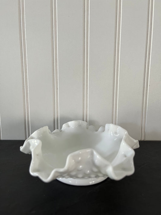 VIntage 1970s Fenton White Milk Glass Ruffle Edge Hobnail Small Bowl