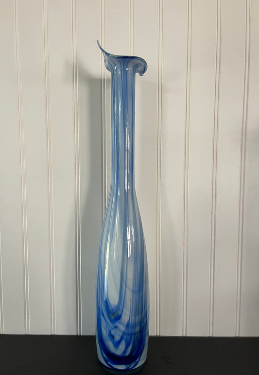 Vintage Blue and White Swirl Art Glass Swung Style Vase - 20" Height - Unique Decor