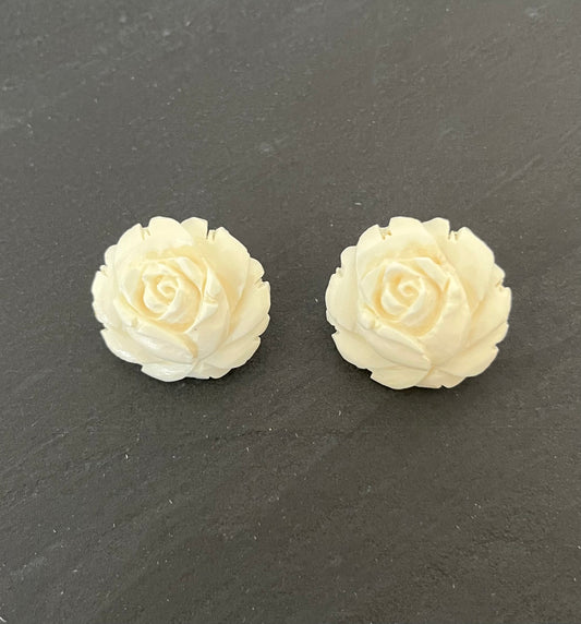 Vintage Carved Floral Roses Ivory Stud Earrings