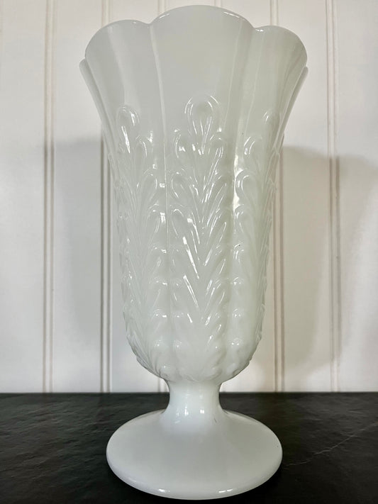 1960s Vintage Art Deco E.O. Brody Milk Glass Large Vase with Feather Design - Scalloped Lip and Pedestal Base - 9.5" Tall - M5200 Cleveland