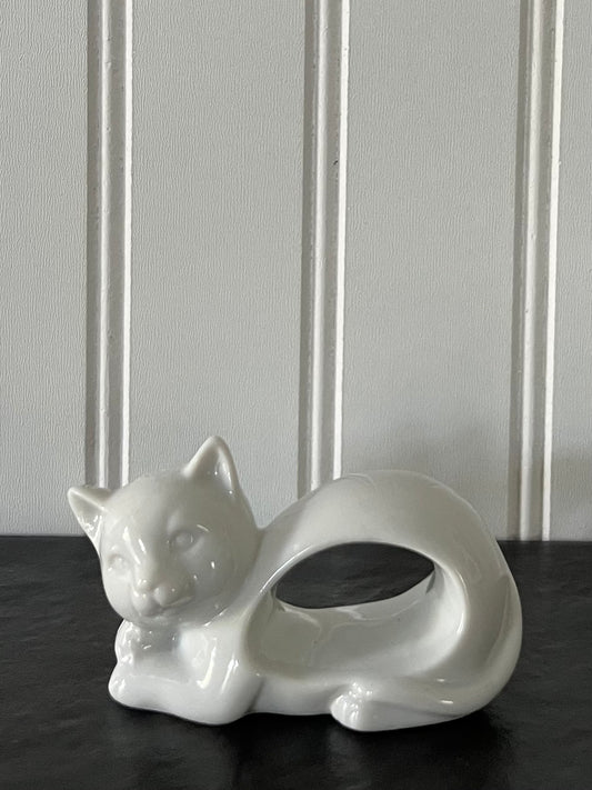 Vintage Inspired White Porcelain  Cat Figurine Napkin Holder