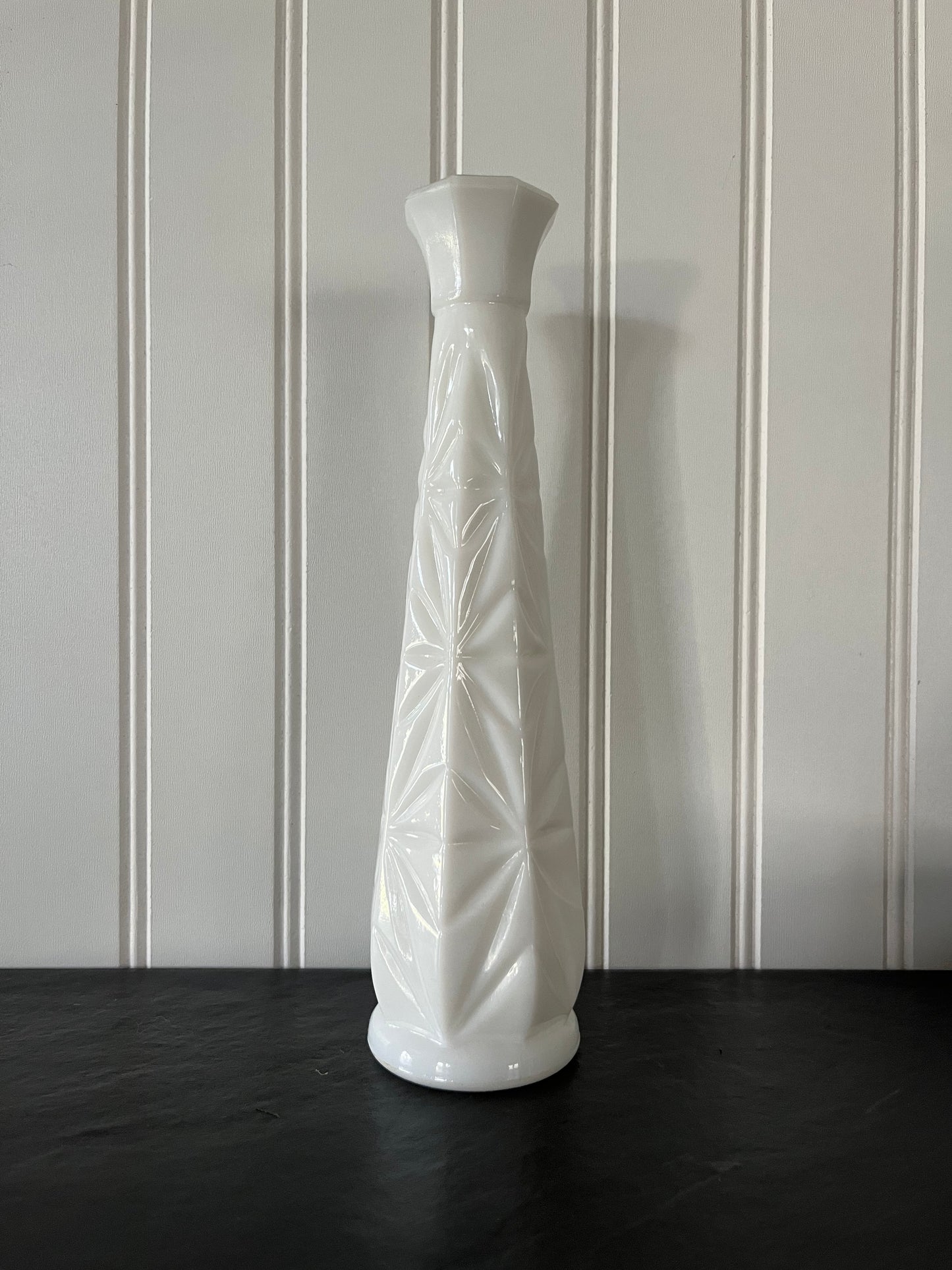 Vintage Milk Glass Starburst Cut Pattern Bud Vase - 9" high