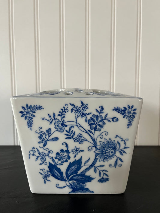 Grandmillennial Style Vintage Square Flower Frog Vase - Blue and White Flora Design - Andrea by Sadek - Made in Japan