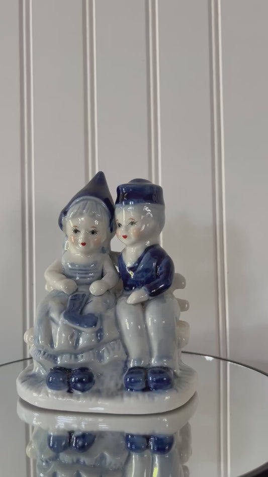 Vintage Delft Blue and White Dutch Girl and Boy on Bench Figurine - Hand-Painted - 5" Wide - Collectible Decor